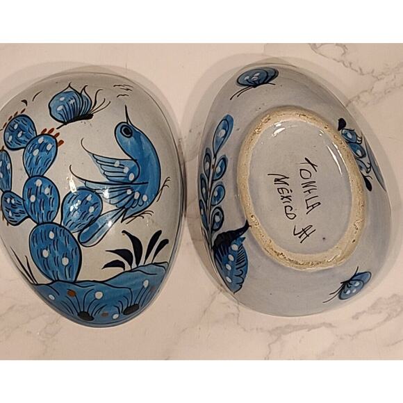 Tonala Pottery 5" Egg Shaped Trinket Box Hand Painted Blue Bird Folk Art Mexico - Picture 8 of 15